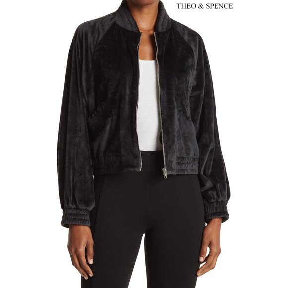 Theo & Spence Jackets & Blazers - THEO & SPENCE WOMEN NWT FULL ZIP TEXTURED VELOUR BLACK BOMBER JACKET. SIZE M